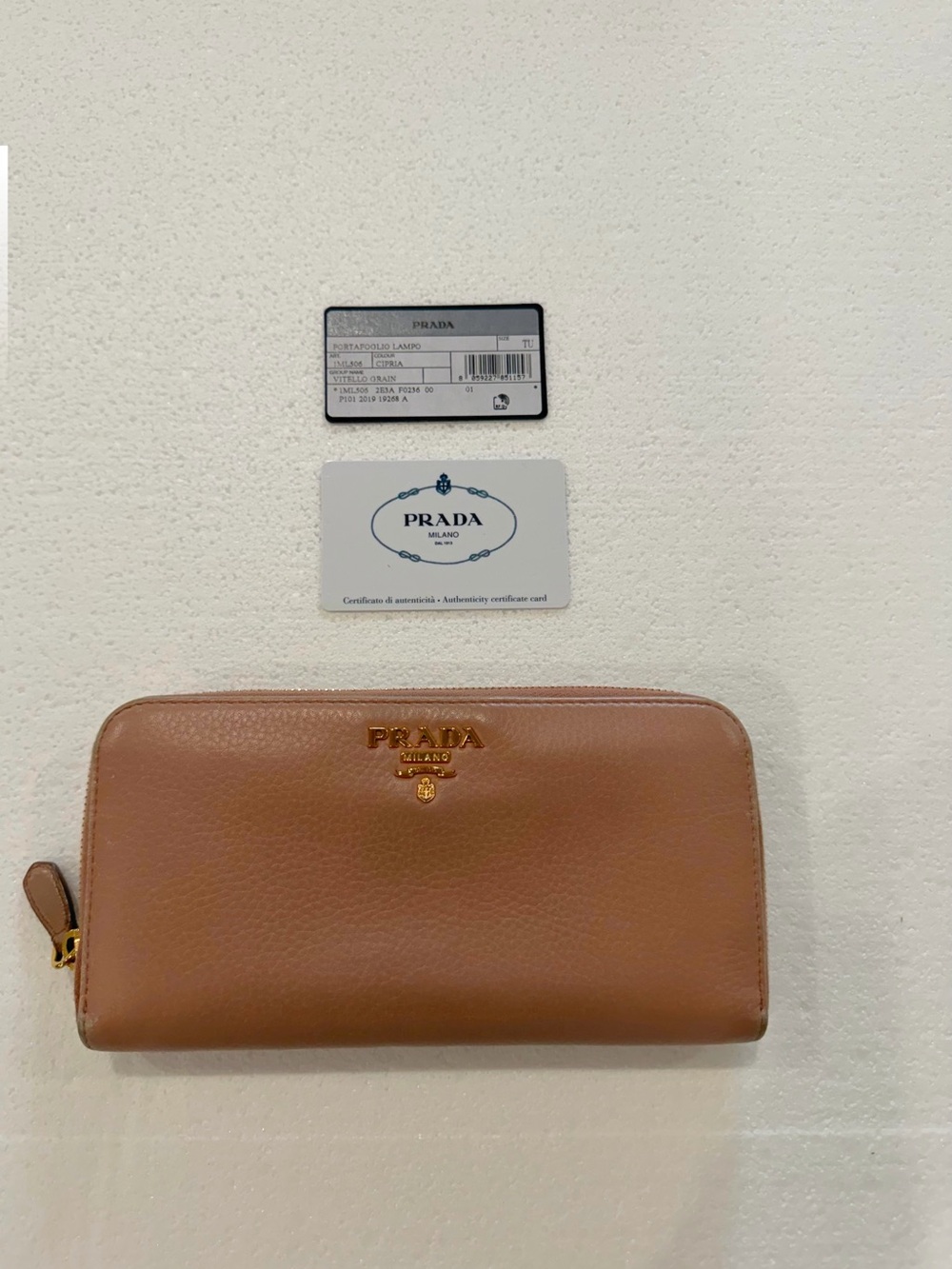 Authentic Pink Prada Leather Zip-Around Wallet with Gold Logo